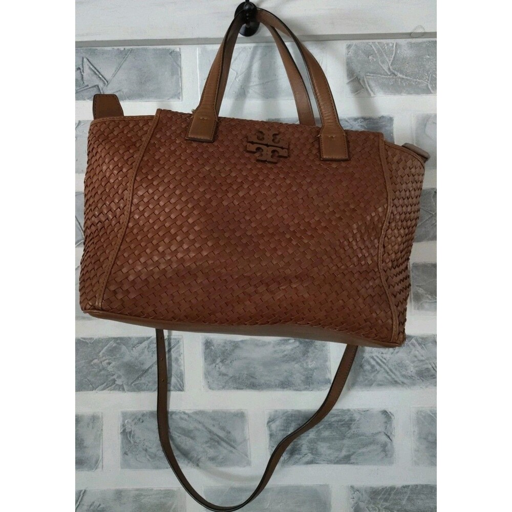 TORY BURCH THEA Tobacco Brown WOVEN Leather Center Zip Handbag READ